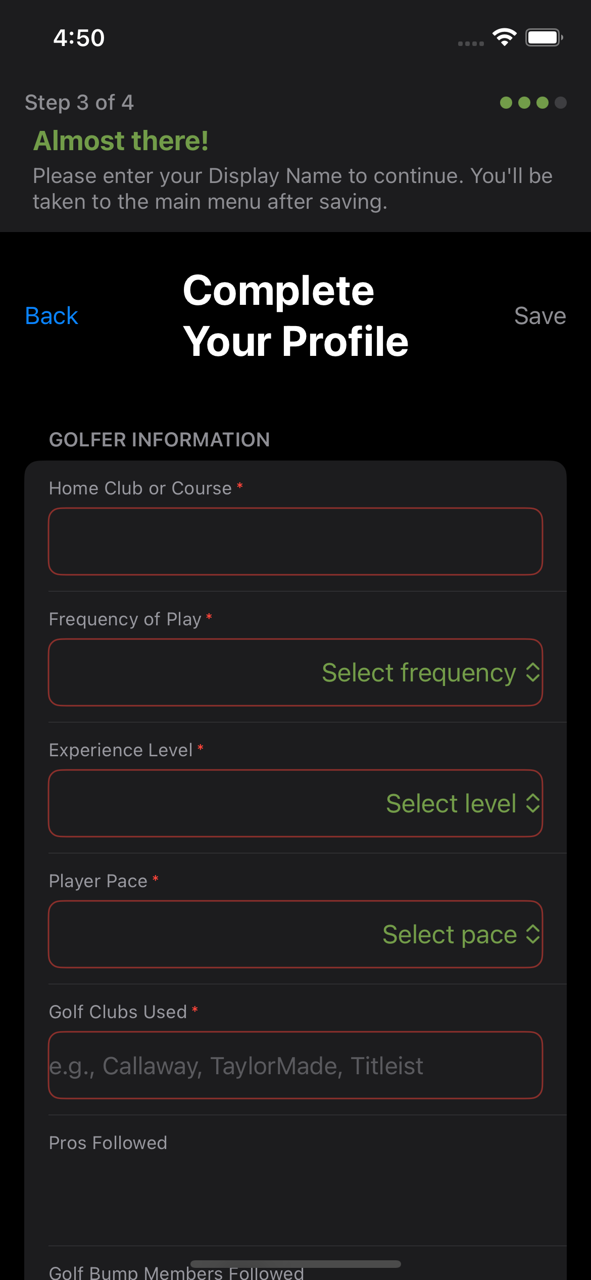 Profile Fields Screen